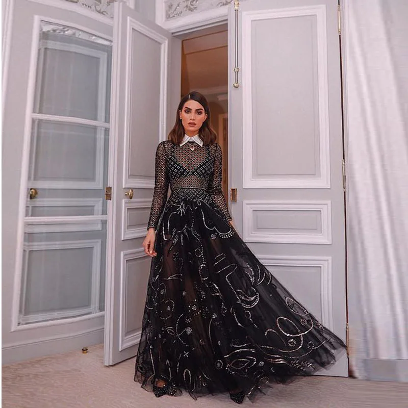

New Arrival 2021 Summer Black Long Sleeve Formal Dress Women Elegant Party Night See Through Mesh Dress Glitter Sequin Dress
