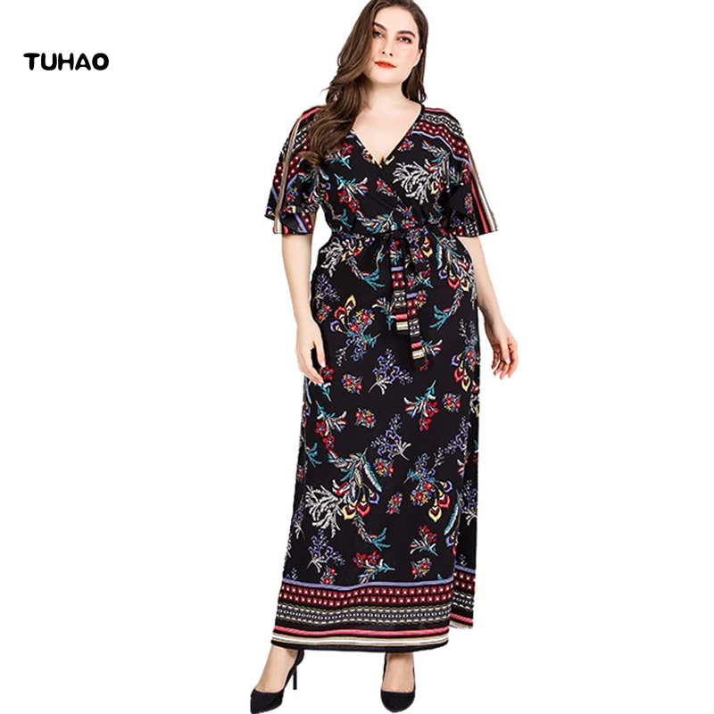 TUHAO размера плюс 6XL 5XL Макси длинное винтажное платье Элегантное OL с принтом Ретро вечерние женские платья выше размера летнее пляжное платье SJ08