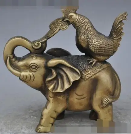 

S01676 7"chinese fengshui bronze zodiac Cock Rooster Chicken ride elephant ruyi statue