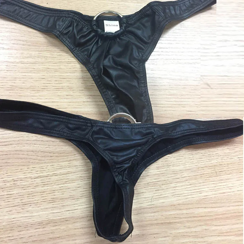 

Sexy PU Mens Underwear Mankini G-Strings And Thongs Tanga Hombre Jockstrap Ductile Faux Leather Hoop Thong Male Erotic Lingerie