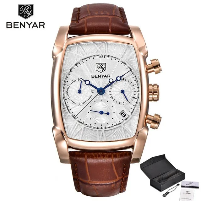 gold white BENYAR классический прямоугольный корпус Модный Спортивный Хронограф Мужские Бизнес часы из натуральной кожи ремешок кварцевые часы Relogio Masculino - Цвет: gold white