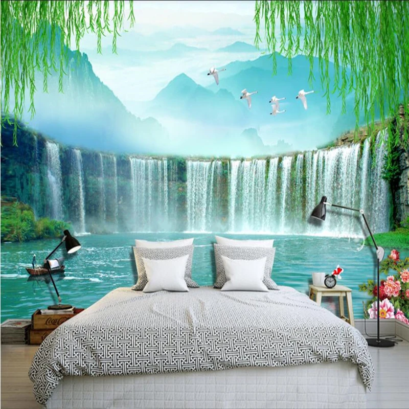 

beibehang Large - scale custom wallpaper Weeping willow waterfall large - scale TV backdrop home decoration painting