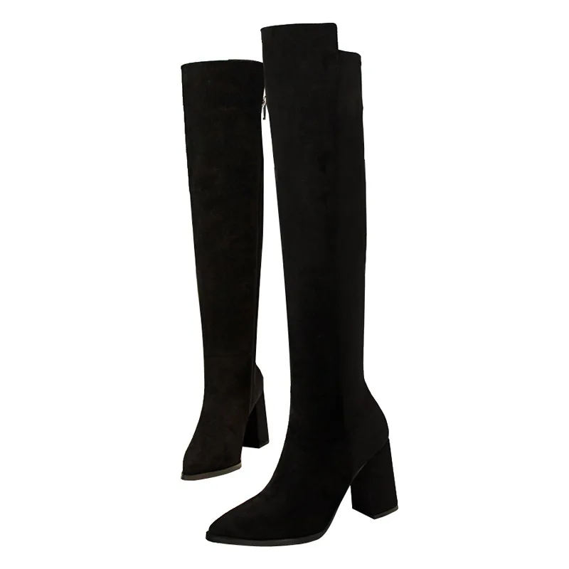Flock Black Teahoo/коллекция года; сезон осень-зима; Лоскутные женские сапоги до колена; обувь на высоком каблуке; женские зимние высокие сапоги с боковой молнией - Цвет: Flock Black