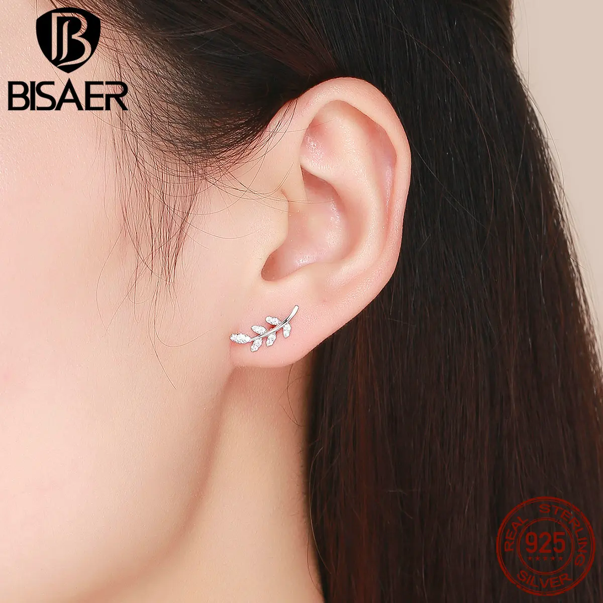 BISAER,, 925 пробы, серебряное дерево, листья, дерево, лист, маленькие серьги-гвоздики для женщин, модные серьги, ювелирное изделие EFE031