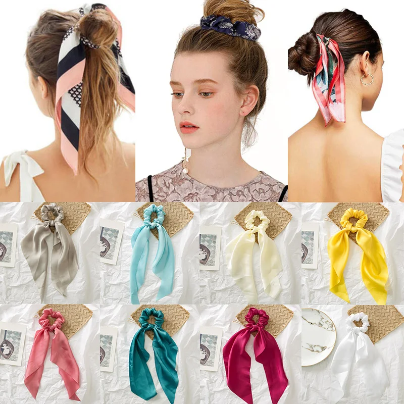 Sale Ribbon Vintage Women Satin Hair Scarf Bowknot Streamers Scrunchies Ponytail Holder Headband Elastic Hair Ties for Girls