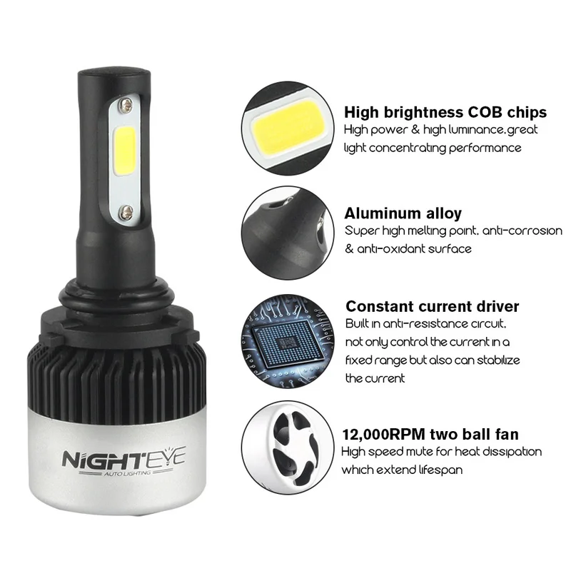 2 шт./пара NIGHTEYE светодиодный фары лампы челнока 72 W фары для 9000LM 6500 K белый свет 9005 9006 H1 H4 H7 H11 COB светодиодный противотуманный фонарь