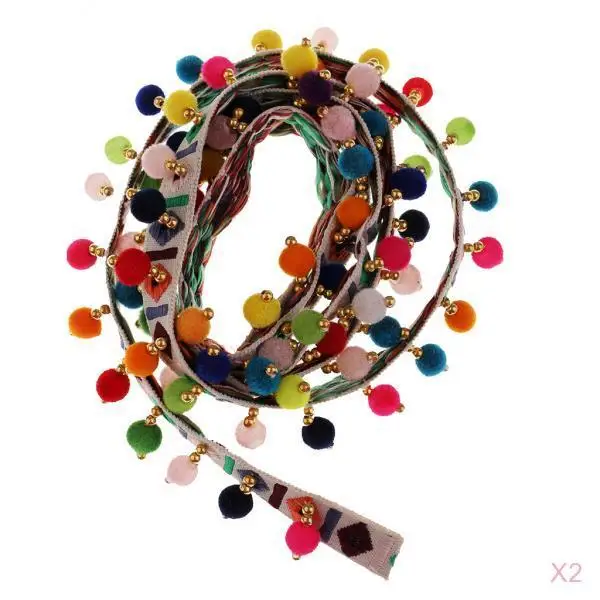 2 шт. этнические бахромой кисточкой Кружева жаккардовая лента с помпоном мяч