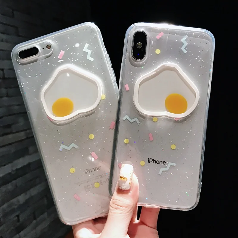 Funny Moving Fried Egg Transparent Glitter Cover for iPhone XS Max XR Soft Silicon Case Funda 6S 7 8 Plus Capa Hoesje |