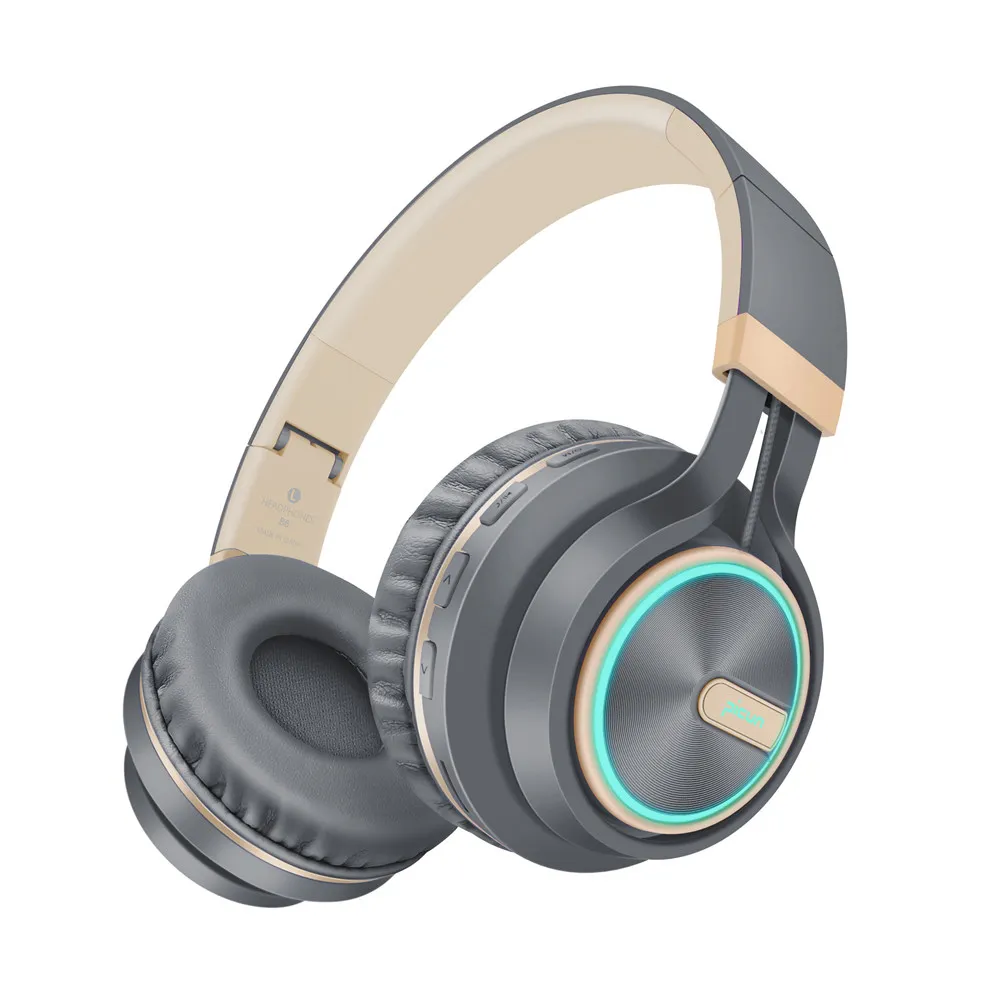 Grey Gold Беспроводные наушники светодиодный светильник Hi-Fi стерео Bluetooth наушники на ухо с микрофоном складные Проводные/TF гарнитуры для ПК ТВ телефона - Цвет: Grey Gold