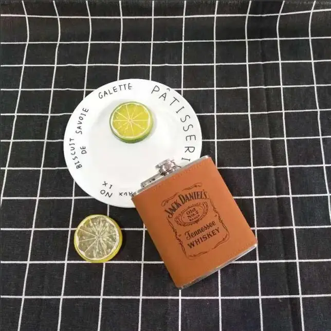7oz jack single 7/8 oz и желтый цвет, pu искусственная кожа, кожаный обруч виски кувшин 304 Спиртовка из нержавеющей стали Джек набор с плоской флягой с черной подарочной коробке - Цвет: 7oz jack single