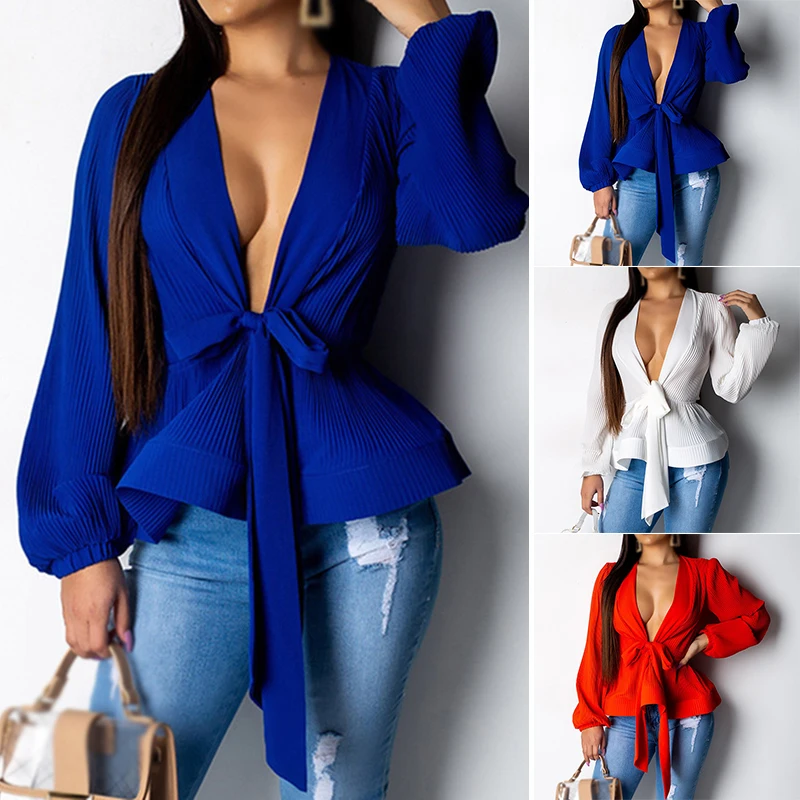 Летняя Элегантная блузка в полоску для женщин с длинным рукавом v-образным