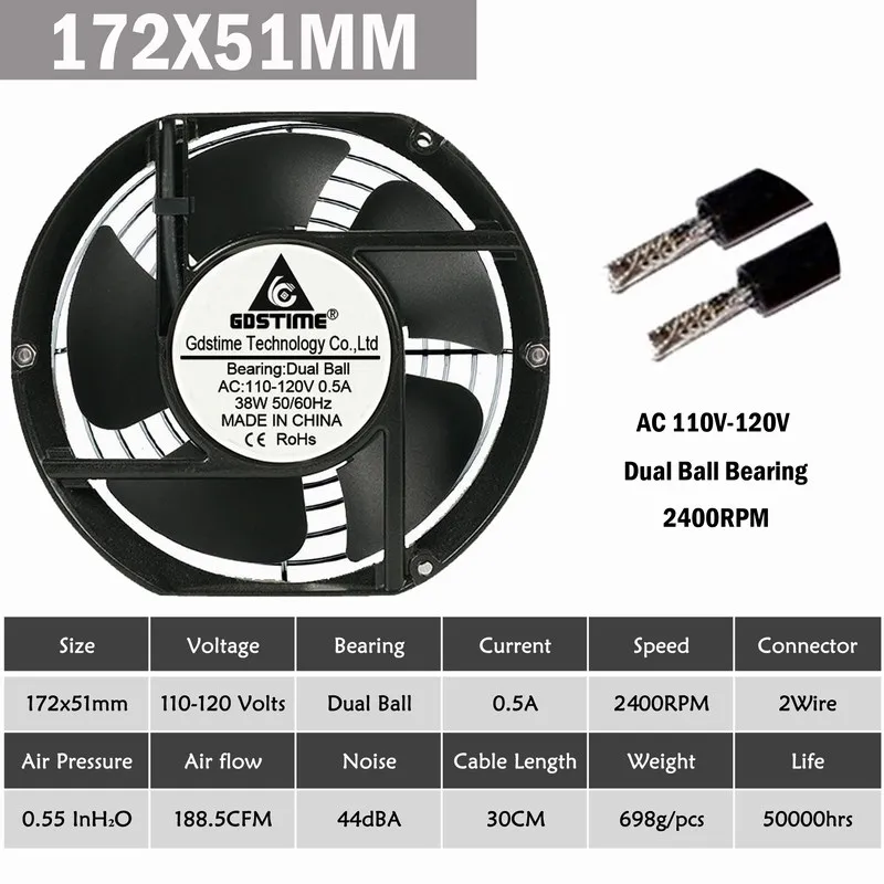 172x51mm 110V-120V Gdstime шариковый 170 мм 172 мм 172x51 мм 172x25 мм вентилятор охлаждения 12 В/24 В/48 в 110 в 120 в 220 в 240 В осевой промышленный вентилятор с винтовой защитной сеткой - Цвет лезвия: 172x51mm 110V-120V