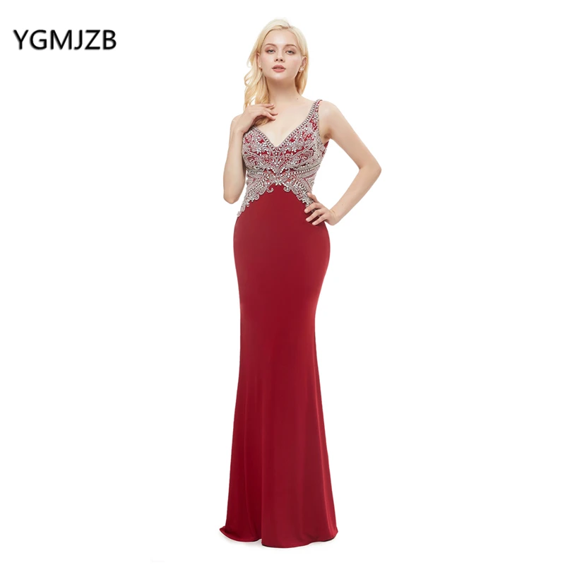 Женское вечернее платье с юбкой годе Элегантное Длинное Красное V-образным