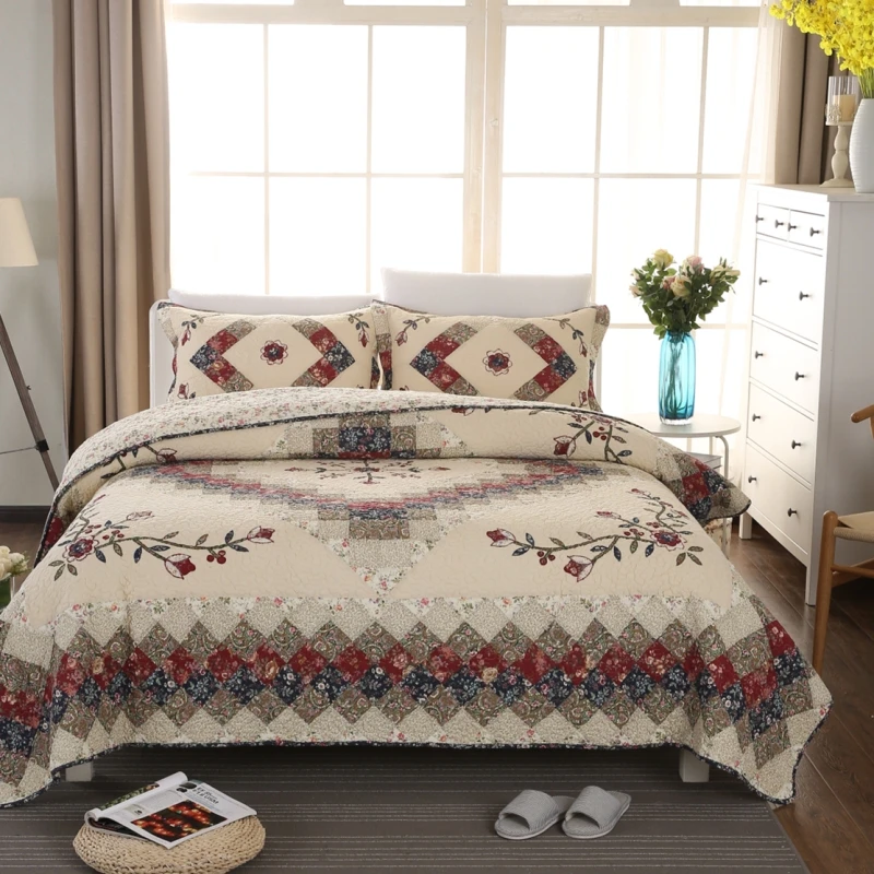 

Free shipping lattice plaid плед mbroidered style 3pcs patchwork quilt full/queen king super king size bedspread bubu