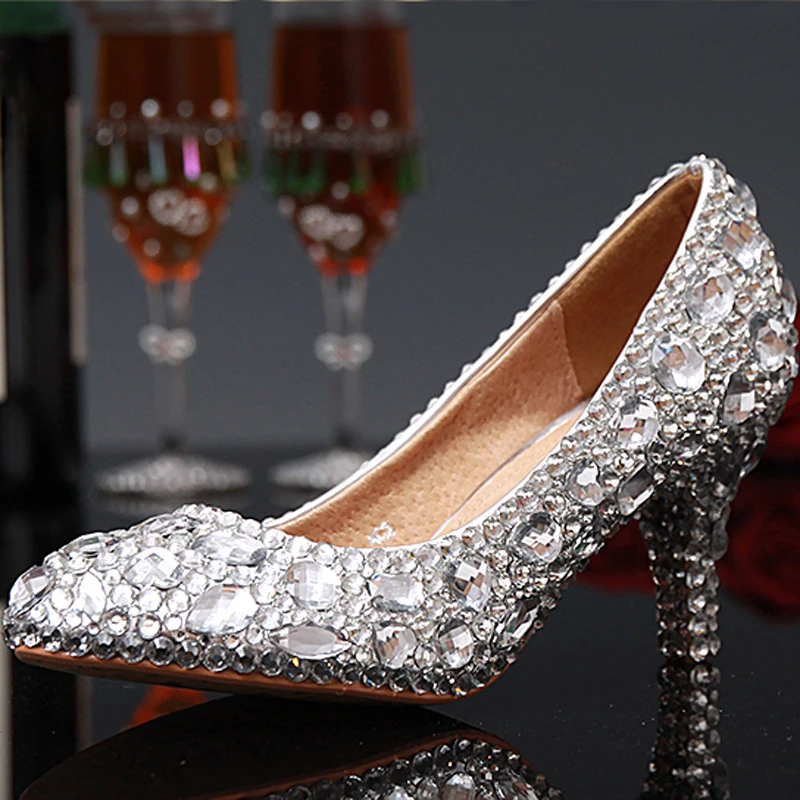 Туфли женские на высоком каблуке с серебристыми кристаллами и стразы | Обувь