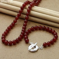 doteffil 8mm red agate beaded chain 925 silver ot buckle necklace bracelet set for women wedding engagement party jewelry
