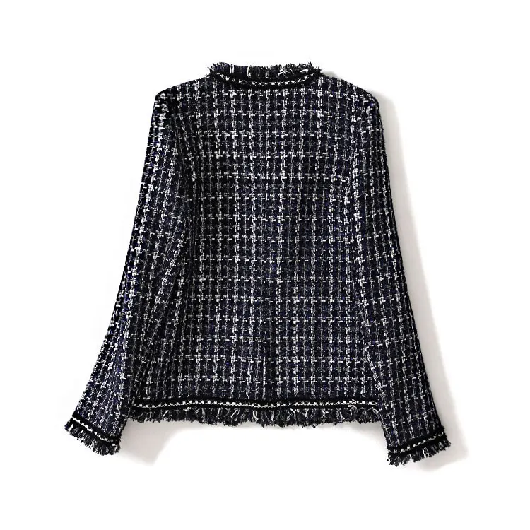 Темно-синий плед куртка 2020 на весну/осень женская с круглым воротником и бахромой