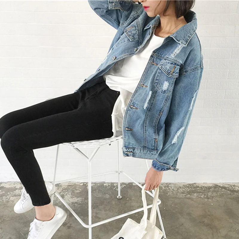 

Blue Jeans Jackets Women Casacos Feminino Slim Ripped Holes Denim Jacket Femme Elegant Vintage Bomber Jacket 2019 Basic Coats