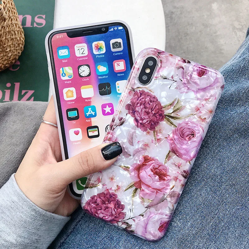 USLION Bling Dream Shell Silicone Phone Case For iPhone X XR XS Max Glitter Flower Cases for 6 6S 8 7 Plus Soft TPU Cover |