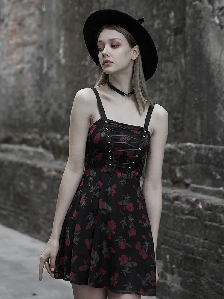 PUNK RAVE Women Punk Summer Dress Fashion Casual Flower Chiffon Mesh Spliced Girl Gothic Party | Женская одежда