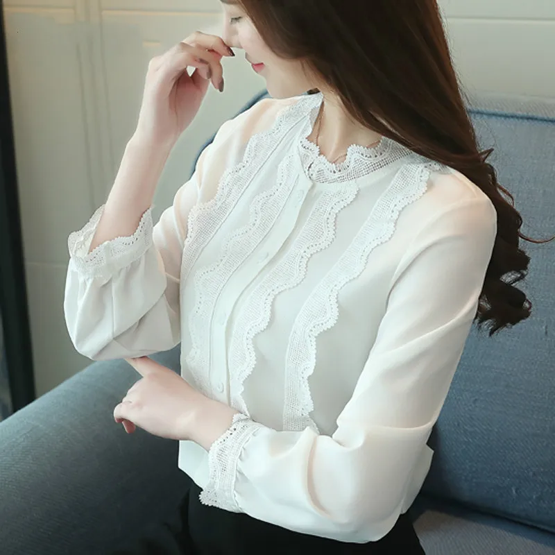 2018 Женские топы и блузки с кружевным воротником шифоновая рубашка Осенняя