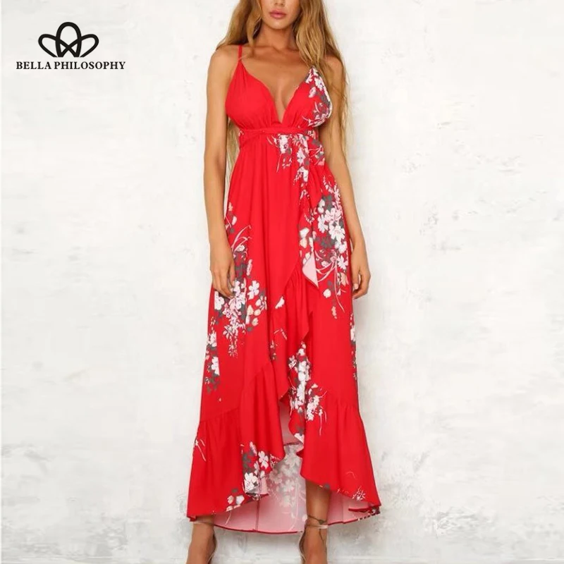 

Bella Philosophy Strap Summer Maxi Dress Floral Print Asymmetric Cross Backless Deep V neck Slip Tunic Long Women Beach Dress