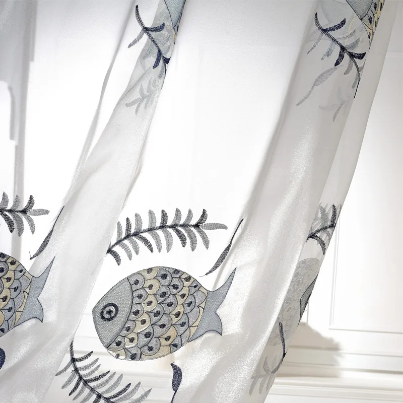 Вышитые шторы из белого тюля для детей Мультяшные рыбки вуаль прозрачные