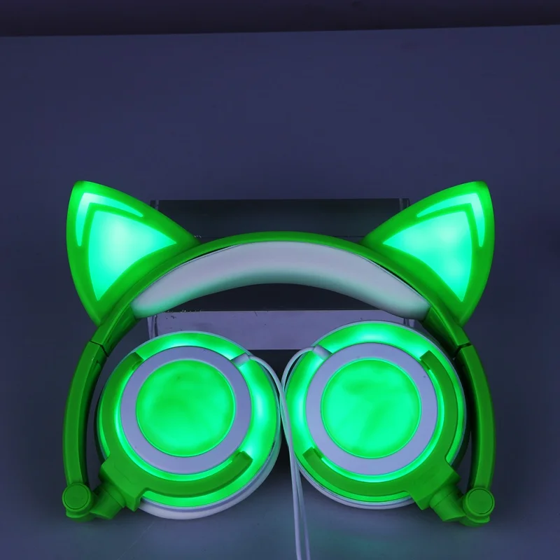 green Складные мигающие светящиеся кошачьи наушники, игровая гарнитура, наушники со светодиодный светильник для ПК, ноутбука, компьютера, мобильного телефона - Цвет: green