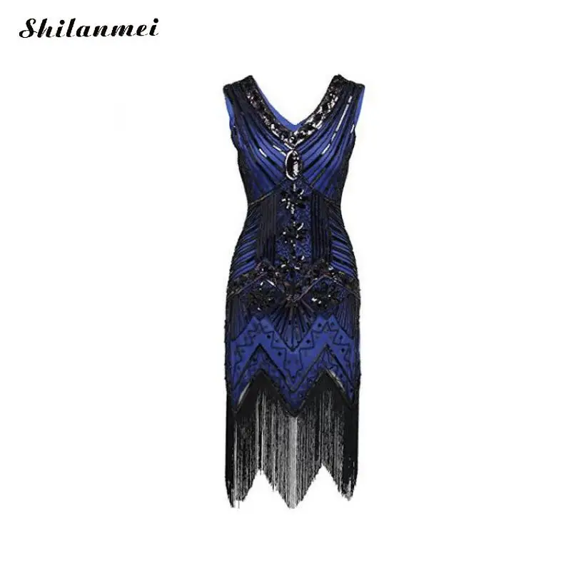 royal blue Большой Гэтсби Вечерние платья женские 1920 s платье сексуальное без рукавов королевский синий Вышивка бахрома Блестки из бисера кисточки подол Хлопушка платье - Цвет: royal blue