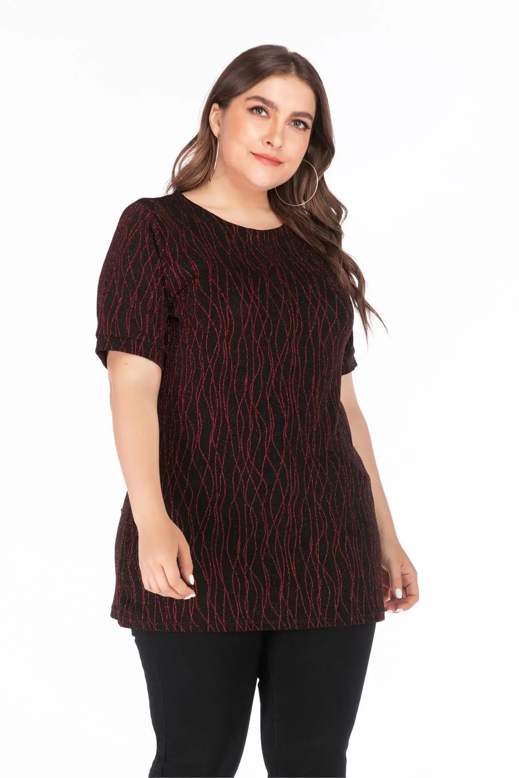 5XL размера плюс, женская блузка, рубашка, летняя, с круглым вырезом, с коротким рукавом, с блестками, элегантная, стрейчевая, свободная, более размера d, Женская туника, топы