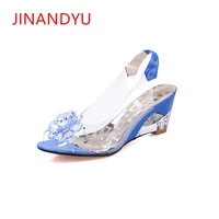 plus size 32 43 crystal transparent diamond wedges sandals high heels 6cm slope sandals summer 2018 sexy women platform shoes