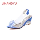 Женские босоножки на танкетке, прозрачные сандалии со стразами, каблук 6 см, лето 2018