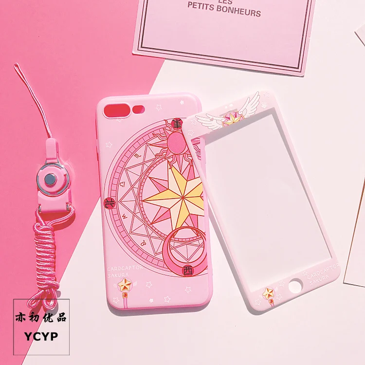 As shown Чехол для iphone XR Cardcaptor Sakura+ пленка для экрана из закаленного стекла для iphone X XS Max 7 8 plus 6 S plus Sailor Moon+ ремешок - Цвет: As shown