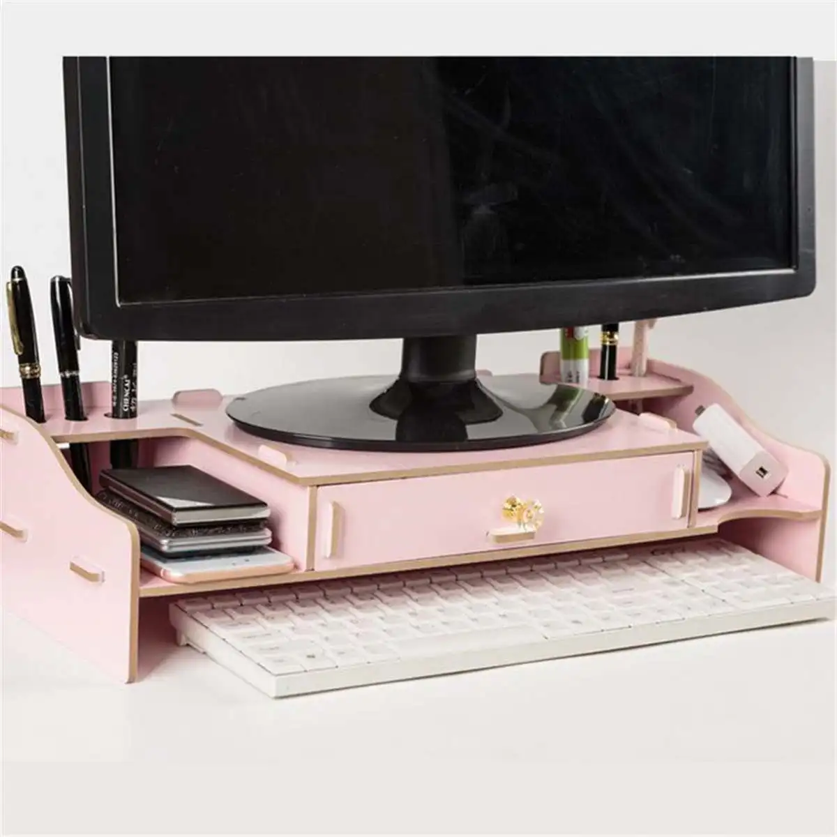 Pink 48X20X12 см деревянная полка для монитора крепкая подставка для ноутбука светодиодный ЖК-компьютер стояк Настольный держатель кронштейн для домашнего планшета - Цвет: Pink