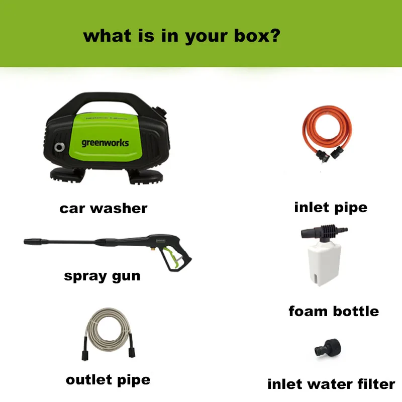 

Greenworks G10 High Pressure Cleaner 220V 1300w Max 100 Bar 7.5LPM 1.2GMP 1700PSI Pressure car Washer Electric With Hose Reel