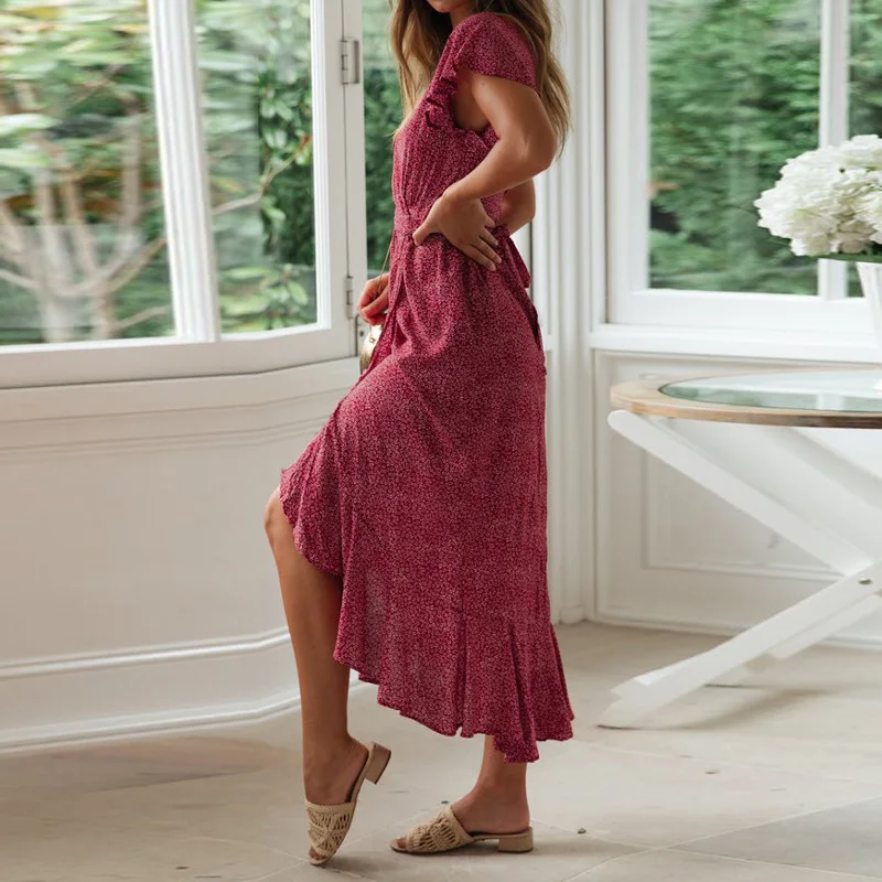 Boho пляжное платье с цветочным принтом женские летние платья шифоновые длинные