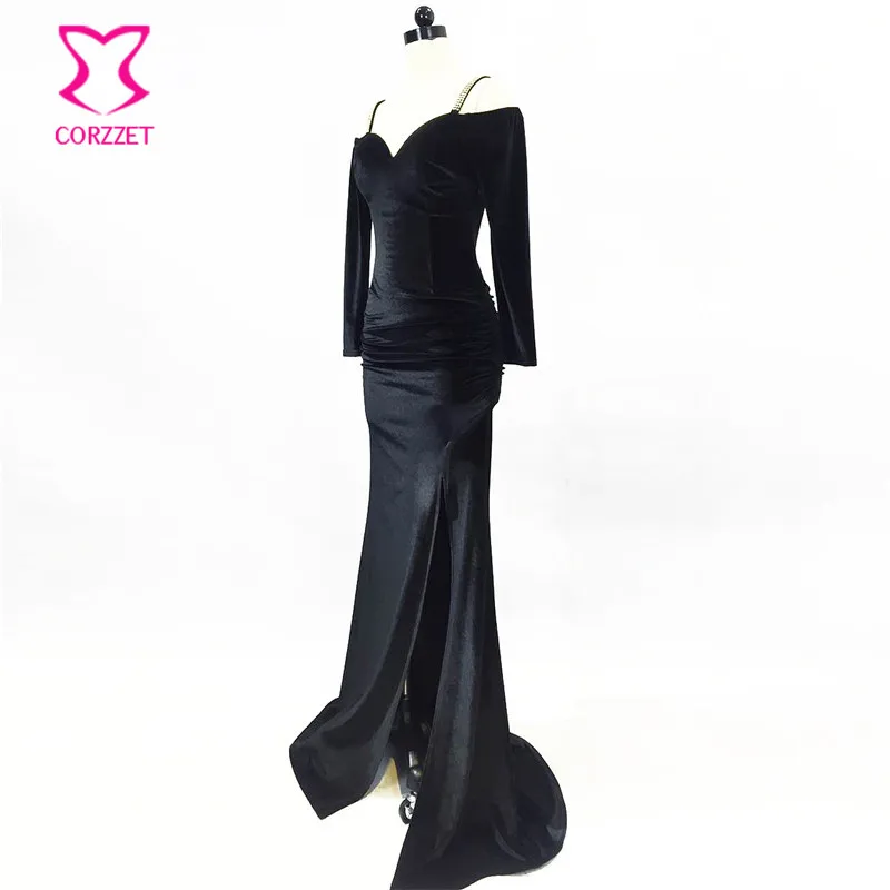 Black Velvet Deep V Neck Diamond Strap Backless Full Sleeve Side Split Mermaid Party Dress Women Banquet Nightclub Sexy Dresses | Женская