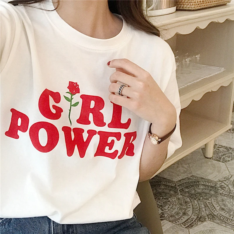 Летняя футболка с надписью «power Rose» для девочек, белая, желтая, серая, черная Хлопковая женская футболка, топы с цветами
