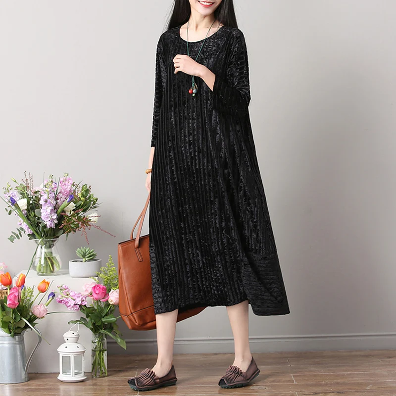 2018 Spring Lagenlook Velvet Striped O-Neck Loose Dress Women Vintage Plus Size Long Sleeve A-Line | Женская одежда
