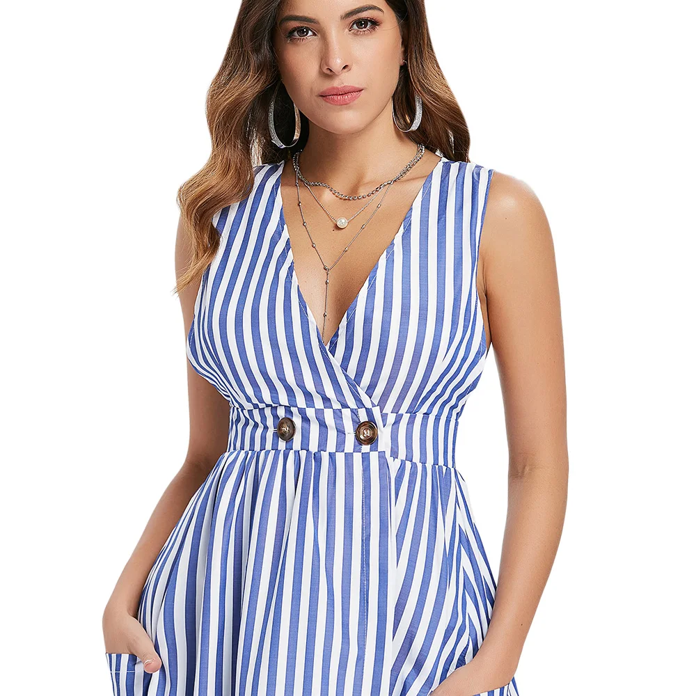 Женское платье без рукавов VESTLINDA синее в полоску с глубоким вырезом и высокой