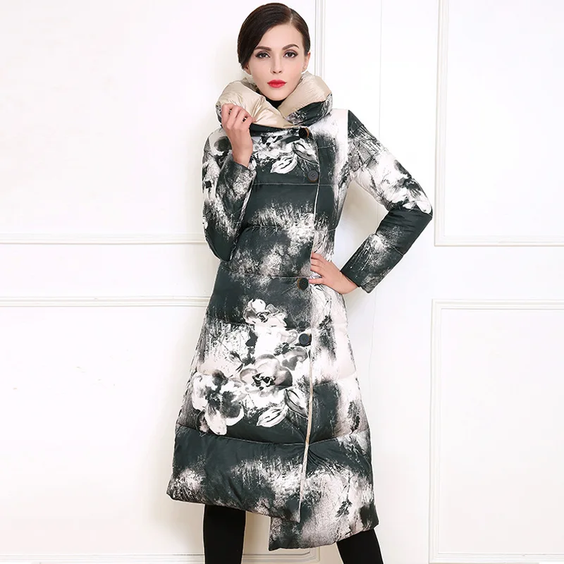 Мода X-длинные Для женщин Белые куртки-пуховики чернил Средства ухода за кожей