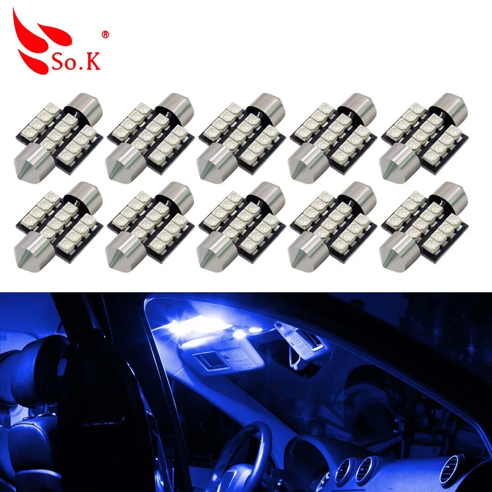 Синий 10 шт. гирлянда 31 мм светодиодный C5W C10W CANBUS 12 SMD 3528 Светодиодный лампы Белый красные, синие для авто Интерьер автомобильного салона ствол светильники 12V - Испускаемый цвет: Синий