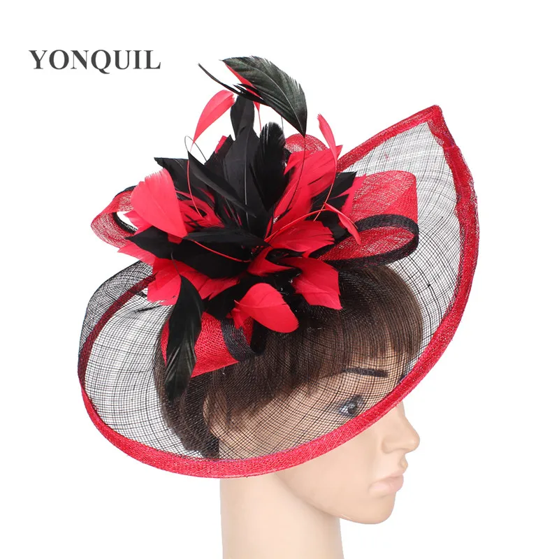 Женская Вуалетка Sinamay зеленая шляпка с красивыми цветами из перьев красная