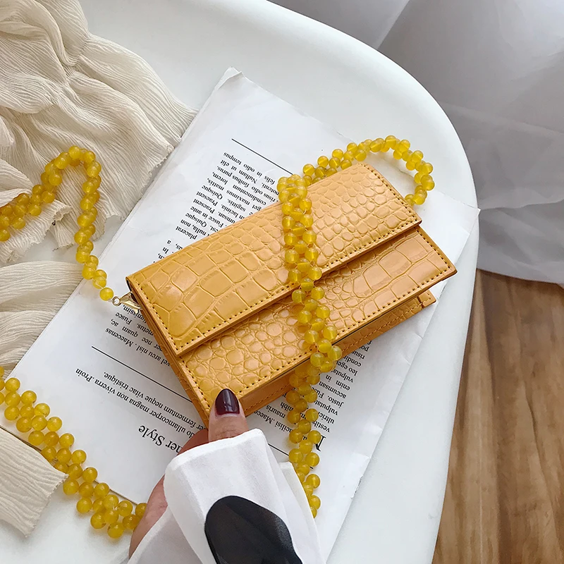 Yellow large Маленькая квадратная мини-сумка с каменным клапаном летняя Новая высококачественная женская дизайнерская сумка из искусственной кожи Сумка через плечо с бисером - Цвет: Yellow large