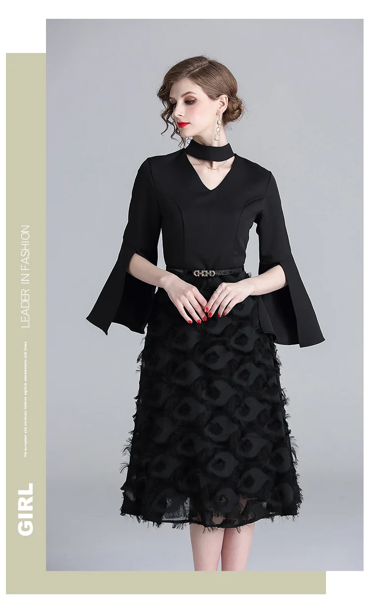 Женское кружевное платье с перьями черное в стиле пэчворк Корейском на лето 2019 |