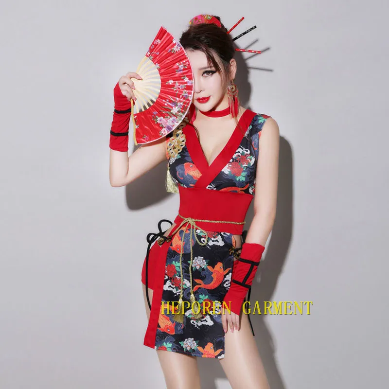Женский Geisha сексуальный костюм Япония рыбий узор Комбинезоны Костюм облегающий Okuni одежда кимоно платье сексуальные японские платья