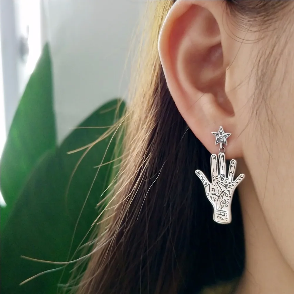 Fate palm asymmetric silver earrings 925 sterling fate line do old vintage design wild stud women jewelry | Украшения и