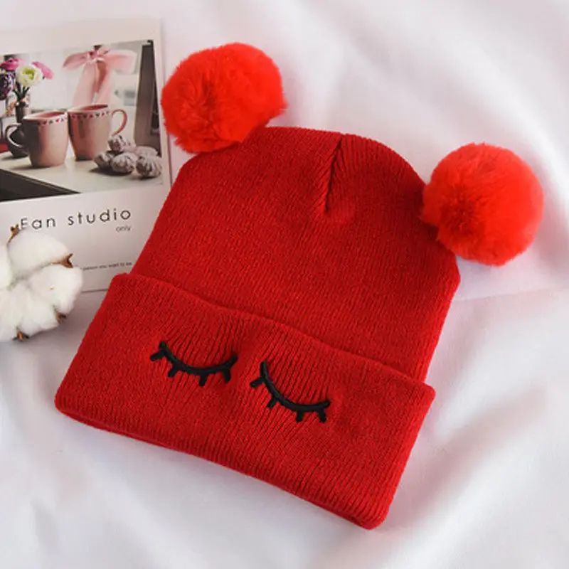 Red Just Hat Милая шапка с ресничками для новорожденных детей, шапка с помпоном для маленьких мальчиков и девочек, зимняя теплая шапка с помпоном вязаная Шапочка, набор из шапки и шарфа - Цвет: Red Just Hat