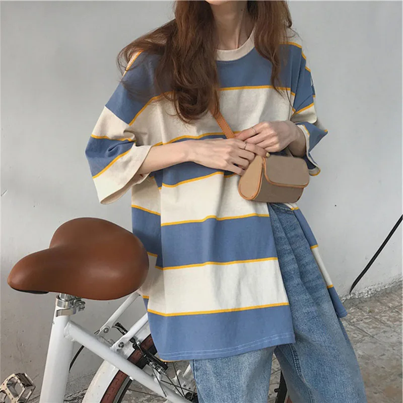 Женская футболка в красно синюю и белую полоску Повседневная Свободная большого