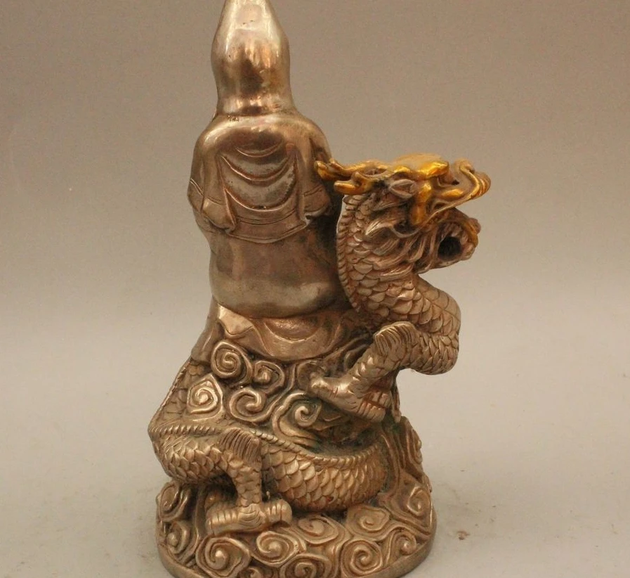 8 &quotКитайский Buddhiam Серебряный Gild Сиденья Дракон Кван-инь Бодхисаттвы Статуя | Дом